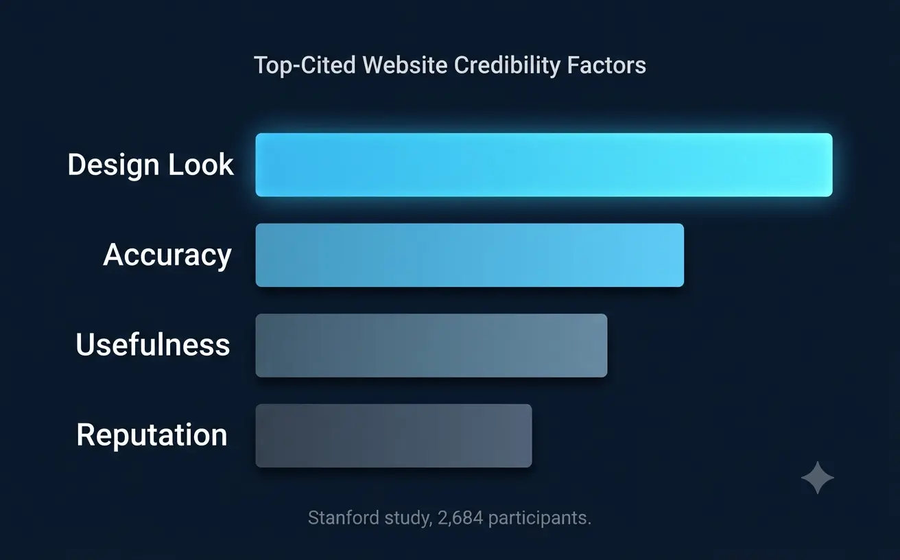 Bar chart showing design look as the top-cited website credibility factor, ranking above accuracy, usefulness, and reputation, from a Stanford study of 2,684 participants