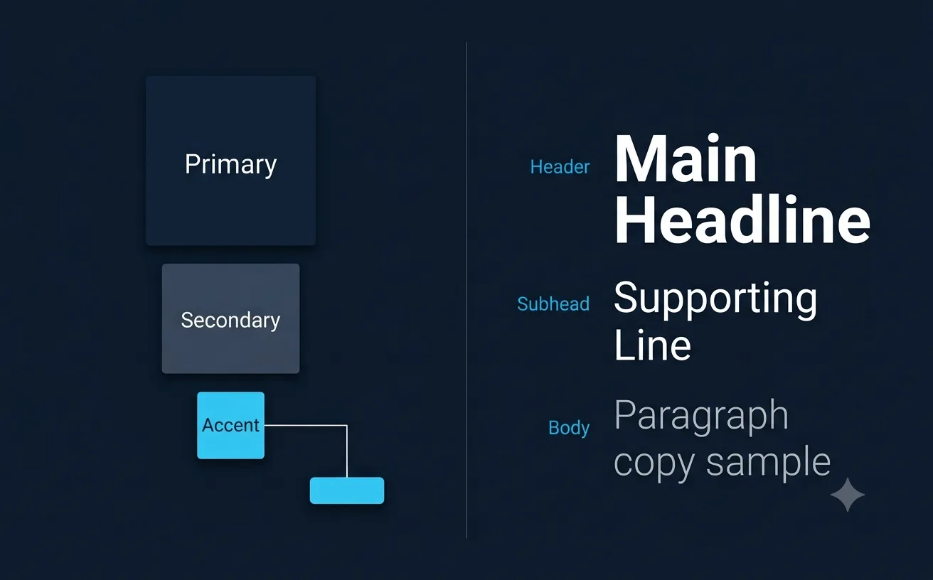 Two-panel diagram showing a working brand color system with primary secondary and single accent color, alongside a clear typographic hierarchy of header subhead and body copy x