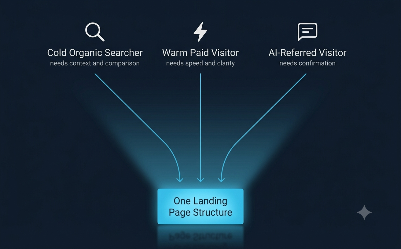 Diagram showing three visitor types, cold organic searchers, warm paid visitors, and AI-referred visitors, each with different needs, converging into one landing page structure