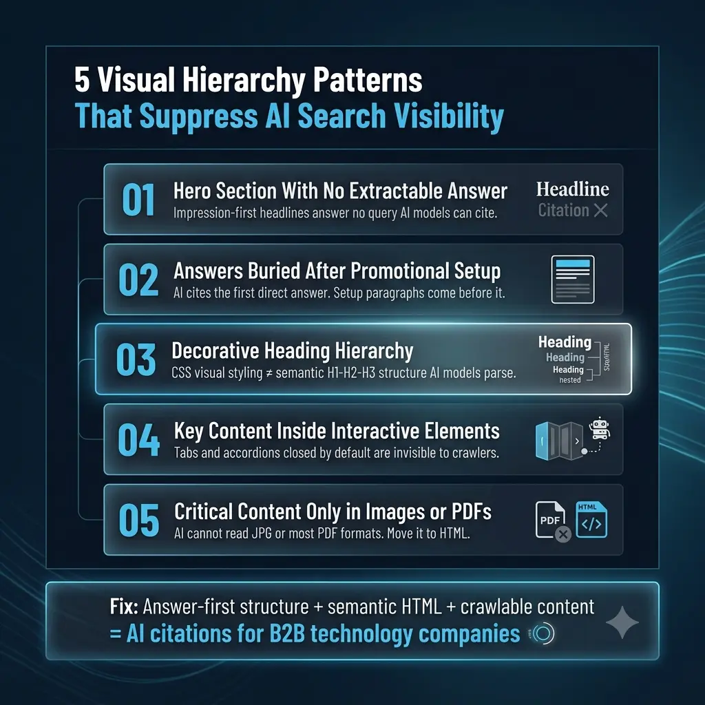 Five visual hierarchy patterns that suppress B2B website AI search visibility, including hero sections with no extractable answer, decorative heading structure, interactive element content, and image-only data for GEO and AEO